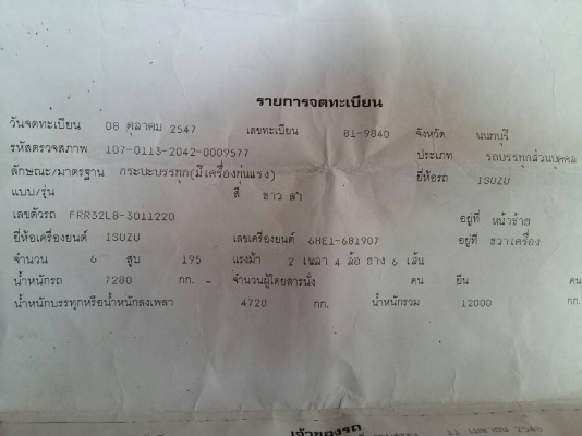 ขายรถ ISUZU Rocky ปี 47  เครื่อง 6HE1 195 แรงม้า ติดเครน UNIC 2.9 ตัน คัสซีFRR32LB