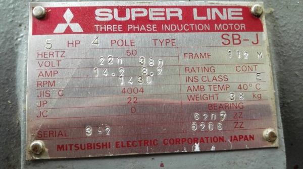 Sale>>มอเตอร์ Mitsubishi 5 HP. 380V. 1450 RPM. รุ่น SB-J Japan.มี 3 ลูก