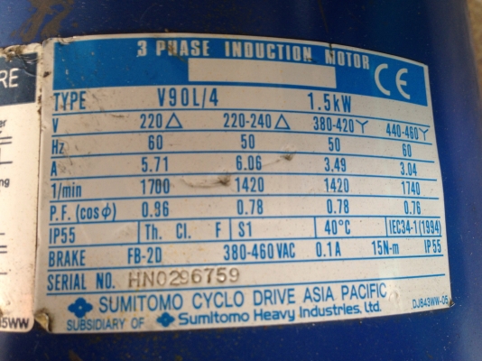 ขายมอเตอร์เกียร์ Cycro drive Sumitomo 2HP. 380V อัตราทด 1:21มีระบบเบรคในตัว สภาพสวยมาก วิ่งนิ่ม พร้อมใช้งาน (เหลือ 1 ตัวครับ)