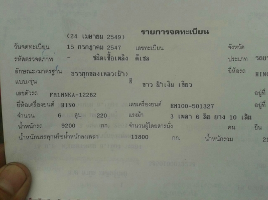 รถฮีโน่ 10 ล้อ บรรทุกน้ำ  FM1M  220 แรงม้า. ปี 36   สนใจติดต่อ  081 - 6079515