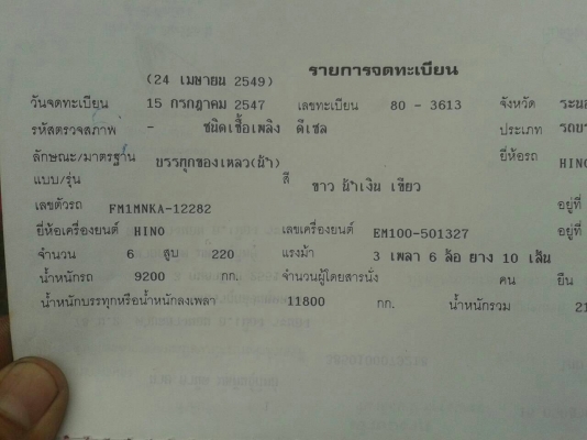 ขายรถบรรทุก 10 ล้อน้ำ HINO FM1M 220 แรงม้า ราคา 710000