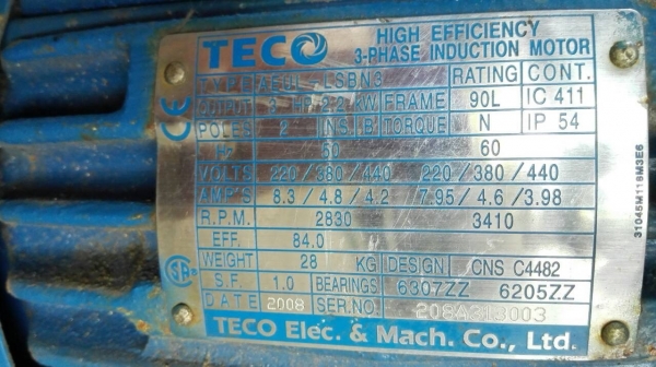 Sale>> ปั้มน้ำหอยโข่งสแตนเลส TECO 3 HP. 380V. 2850 RPM. ใบพัดทองเหลือง สภาพสวยสดใหม่ 089-2499-123(Line)