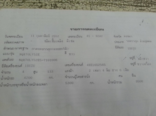 6ล้อดั้ม150แรงISUZU NQR70LY52E5-7101006..ปี52 ไมล์90500กิโล  ไม่เคยบรรทุกดิน ...