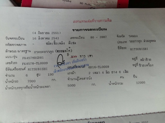 ขายรถ MITSUBISHI FK457 ปี43 ดั้ม เครื่อง 6D16 195แรงม้า เครื่องดี คัสซีสวย FK457-TL........ พวงมาลัยเพาเวอร์ เบรคทิฟฟี่ เพาบุ๋ม กระบะดั้มสแตนเลส ช่วงล้อ 5.60 เมตร กระบะ ยาว 6 เมตร กว้าง 2.40 เมตร เอกสารพร้อมโอน ราคา.380,000 บาท ต่อรอง โทร.080-108-5007 บอล