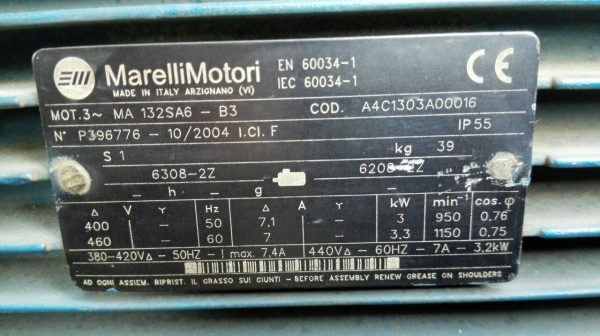 ** เหลือ 1 ตัว ** มอเตอร์ Marelli Made in Italy 5 HP. 380V. รอบช้า 950 RPM.สภาพสวย วิ่งเงียบ มี 2 ลูก!!