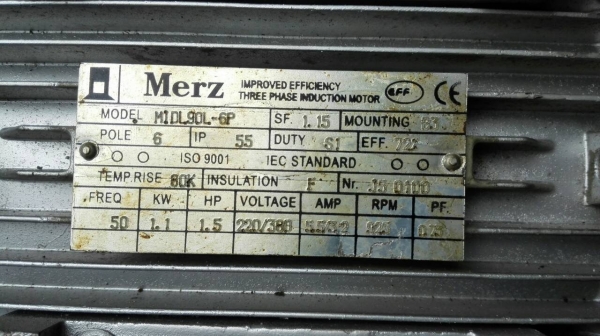 ===== Sold Out!! ===== มอเตอร์ MERZ Germany 1.5 HP. 380V. 950 RPM. รอบช้า สภาพสวย วิ่งเงียบ มี 3 ลูก.