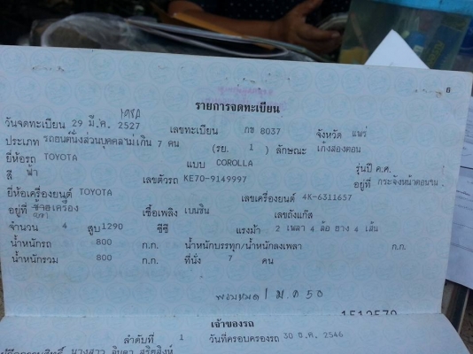 ขายเล่มรถเก๋งโตโยต้า KE70