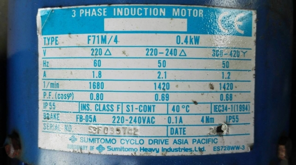 Sell>> มอเตอร์เกียร์หน้าแปลน Sumitomo Cyclo Drive 1/2 HP. 380V. ทด 1:59 ความเร็วรอบ 25 RPM. มาคู่ วิ่งเงียบ พร้อมใช้!!