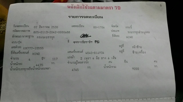 รถบรรทุก 6 ล้อดัมพ์ HINO  KM777  เครื่อง 117 แรงม้า  ปีจดทะเบียน 2530