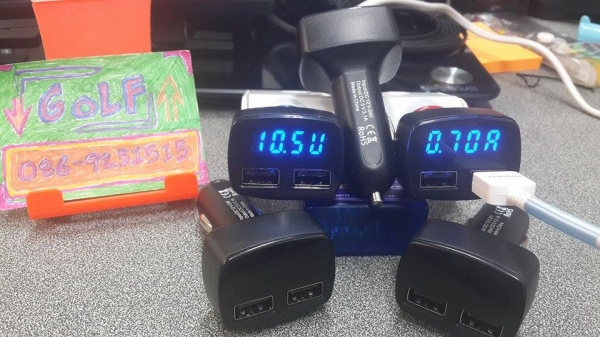 ที่วัดโวลท์ วัดอุณหภูมิ วัดกระแสไฟ 3 in 1 USB charger 2 ช่อง เสียบช่องจ่ายไฟรถ