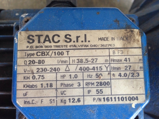 ขายปั้มน้ำหอยโข่ง 2ใบพัด หัวสแตนเลส Stac 1HP. 380V made in Italy สภาพดีเดิมๆวิ่งนิ่ม พร้อมใช้งาน