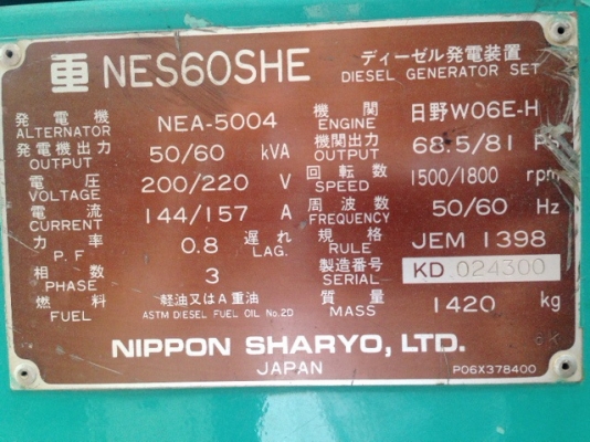 เครื่องปั่นไฟ Nippon Sharyo NES60SHE นำเข้าจากญี่ปุ่น สนใจโทร. 080-6565422 (หนิง)