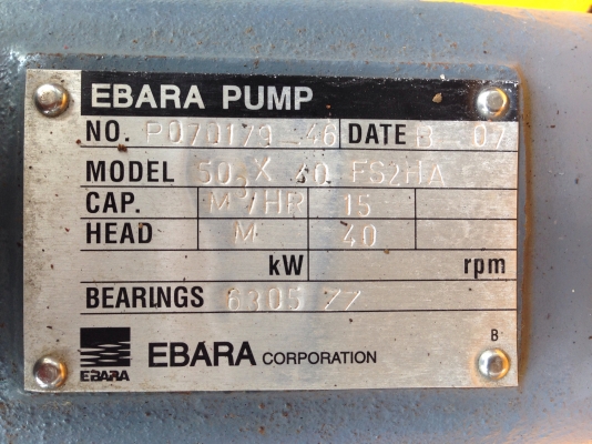 ขายชุดปั้มน้ำหอยโข่ง Ebara ขนาดเข้า 2นิ้ว ออก 1.5นิ้ว ใบพัดทองเหลือง พร้อมมอเตอร์ Hitachi 7.5HP. 380V 2800rpm. สภาพสวยมาก มี 2 ชุด ครับ