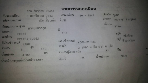ขายรถบรรทุก 6 ล้อดัมพ์ HINO FC145 แรงม้า เครื่อง WO6D 145 แรงม้าปี 2543 ดัมพ์ยาว 4.80 เมตร ราคา 450000