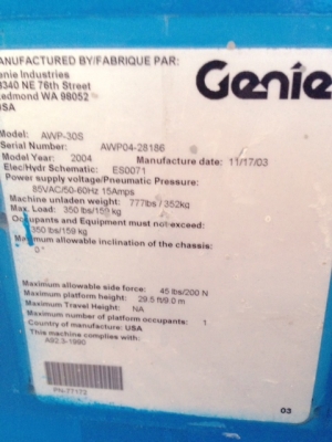 รถกระเช้าขากรรไกร Genie AWP-30S #28186 สูง 9 เมตร นน. 159kg ระบบไฟฟ้า สนใจโทร. 080-6565422 (หนิง)
