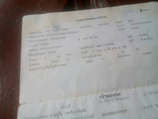 6ล้อดั้ม...175แรง ISUZU JDR360-3415779 ปี2535 เกียร์สั้น พ.เพาเวอร์ เครื่อง6BF1-127050...เล่มพร้อมโอน...