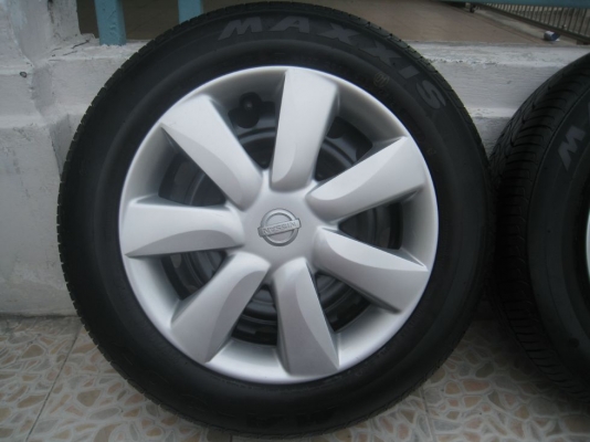 ขายกะทะล้อ nissan march 14" 4/100 +ฝาครอบ+ยางปี12(081-3747940)