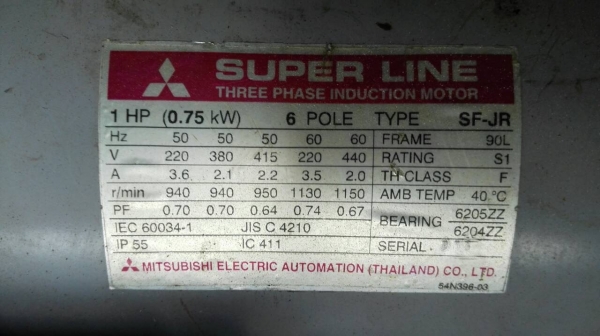 Sell>> มอเตอร์ Mitsubishi 1 HP. 6 POLE 940 RPM. 380V. รอบช้า สภาพสวย สด เดิม วิ่งเงียบพร้อมใช้งาน