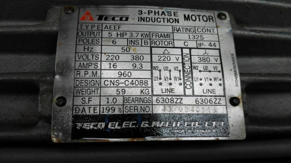 ==== SOLD ==== มอเตอร์ TECO 5 HP. 960 RPM. 380V. รอบช้า สภาพสวย สด เดิม วิ่งเงียบพร้อมใช้งาน