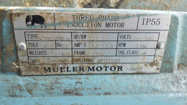 ====== SOLD OUT!! ====== มอเตอร์ MULLER 15 HP. 1460 RPM. 380V. สภาพสวย วิ่งเงียบ พร้อมใช้งาน