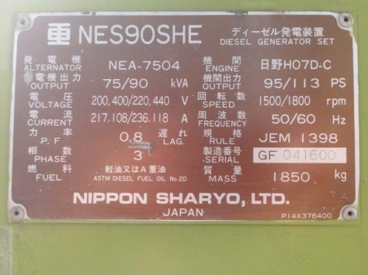 เครื่องปั่นไฟ Nippon Sharyo NES90SHE #GF04160 เครื่องกำเนิดไฟนำเข้าจากญี่ปุ่น สภาพดีค่ะ สนใจติดต่อ ใหม่ 061-4194022