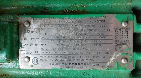 Sale>> มอเตอร์ TOSHIBA 20 HP. 6 poles. 900 rpm. วิ่งเงียบ จัดส่งทั่วประเทศครับ!!