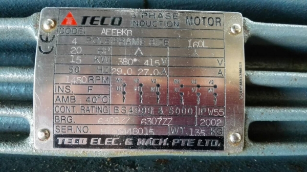 Sell>> มอเตอร์ TECO 20 HP. 1450 RPM. 380V. มอเตอร์สแปรโรงงาน สภาพเหมือนป้ายแดง 98\% มาคู่ใหม่มากครับ.