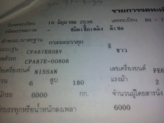 ขายรถบรรทุก 6 ล้อดัมพ์ NISSAN 180 แรงม้า คัสซี CPA87E ปี 2536 ราคา 480000