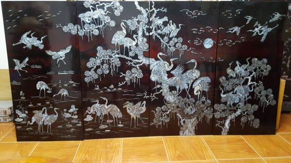 ขายแผ่นไม้ประดับมุก "นกกระเรียนเล่นน้ำ"