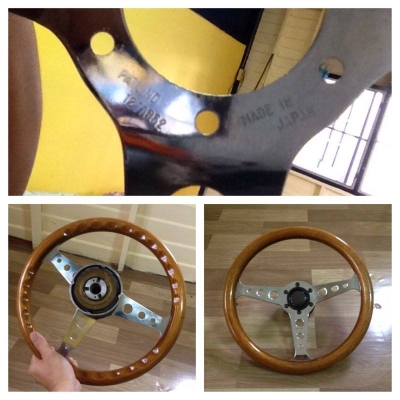 ขายพวงมาลัยไม้pat no1211652 แท้made in japan ขนาด13.5นิ้้ว พร้อมคอmitsubishi ราคา600บาท โทร0924462525โส