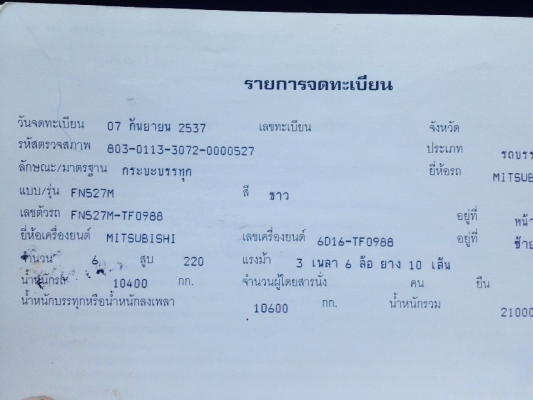 รถมิตซู 10 ล้อดั้ม FN527M - TF  220 แรงม้า. ปี 37.   สนใจติดต่อ  081 - 6079515