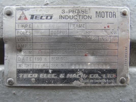 ขายมอเตอร์ TECO 50 HP. 1400 RPM. สภาพสวย พร้อมใช้งาน รับประกันคุณภาพ ขายมอเตอร์ TECO 50 HP. 1400 RPM. สภาพสวย พร้อมใช้งาน รับประกันคุณภาพ