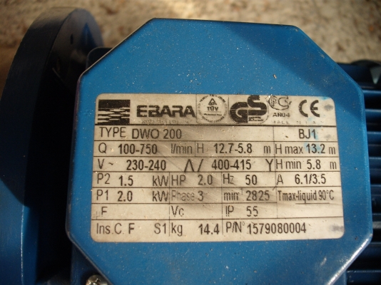 ปั๊มหอยโข่งสแตนเลสแบบใบเปิด EBARA รุ่น DWO 200 ใช้ไฟ 3 สาย 380 V. แรงม้า 2.0 HP 1.5 KW.