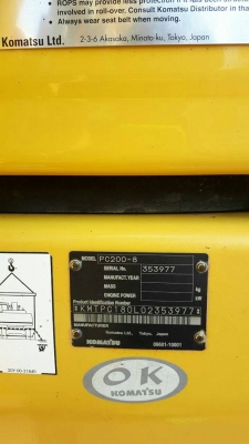 ขายรถแบคโฮ KOMATSU PC200-8 ซีเรียล 353977 ไมล์ 8465 ชม.ราคา 1950000