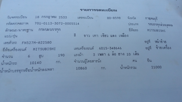ขายรถมิตซูบิชิ (ไอ้หลง FN527M-A22580) 2เพลาดั๊ม กระบะเนียม เครื่อง 6D15 190 แรงม้า สภาพเดิม ไม่เคยเคลียสี ไม่เคยชน ไม่ผุ คัทซีสวย ราคา 600000