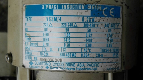 มอเตอร์เกียร์ Sumitomo Hyponic Drive มีเบรค 1/4 HP. 380V. ทด 1:20 เพลาออกคู่ 72 RPM. มาคู่สภาพสวยสดแน่นเงียบพร้อมใช้งาน.