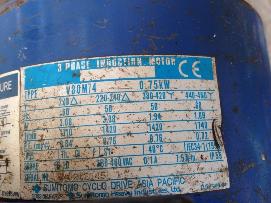 ขายมอเตอร์เกียร์ Cycro drive Sumitomo 1HP. 380V อัตราทด 1:87 มีระบบเบรคในตัว สภาาพสวย วิ่งนิ่มเดิมๆพร้อมใช้งาน