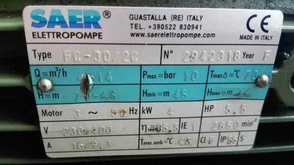 Sell>> ปั้มน้ำ SAER GUASTALLA Made in ITALY 5.5 HP. 380V. สภาพใหม่วิ่งเงียบพร้อมใช้งาน!!