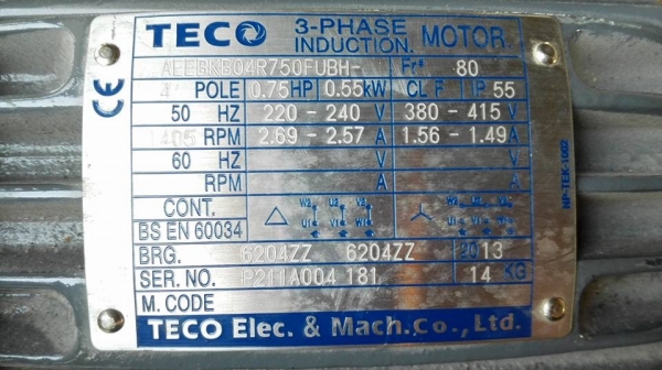 Sell>> มอเตอร์ TECO 0.75 HP. ไฟ 380V. 1405 RPM. สภาพใหม่ใช้งานมาน้อยวิ่งเงียบพร้อมใช้งาน.