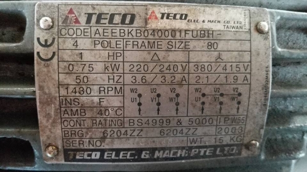 Sell>> มอเตอร์ TECO 1 HP. 380V. 1430 RPM. สภาพสวยวิ่งเงียบพร้อมใช้งาน.