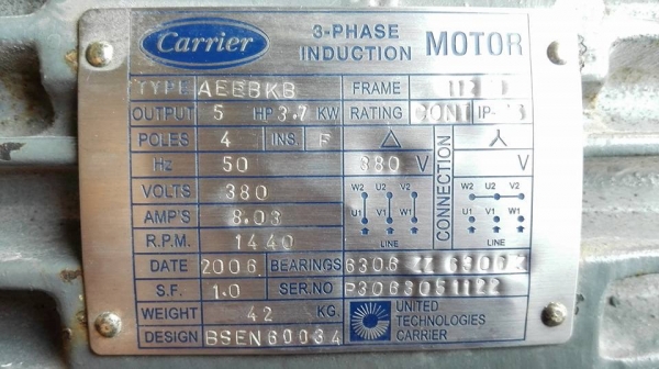Sell>> มอเตอร์ Carrier 5 HP. 380V. 1440 RPM. สภาพใหม่วิ่งเงียบพร้อมใช้งาน.