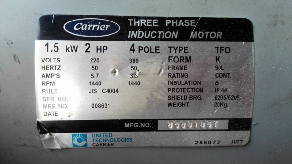 Sell>> มอเตอร์ Carrier 2 HP. 380V. 1440 RPM. สภาพใหม่ใช้งานมาน้อย วิ่งเงียบ พร้อมใช้.