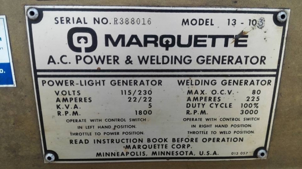 **** SOLD ****  เครื่องปั่นไฟ MARQUETTE Made in USA. ขนาด 5 K.V.A. 220V. เชื่อมงานได้ เป็นของใหม่เก่าเก็บ งานอเมริกา สภาพสวย พร้อมใช้.