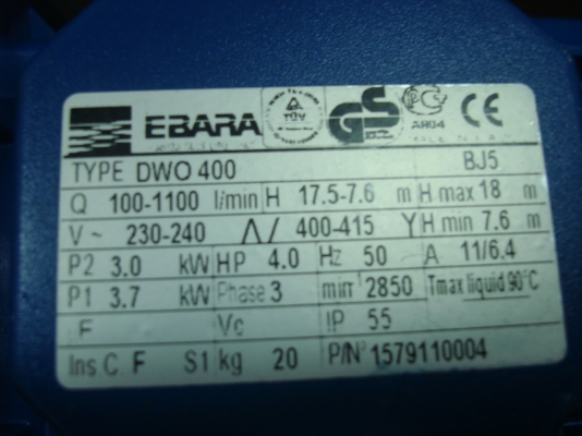 จองแล้วอย่างรวดเร็ว เครื่องสูบน้ำหอยโข่งสแตนเลสแบบใบเปิด EBARA รุ่น DWO 400  จาก อิตาลีแท้ ใช้ไฟ 3 สาย 3.0 kW แรงม้า 4.0 ของใหม่