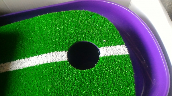 (แบบที่ 2 )พรมซ้อมพัตกอล์ฟจากญี่ปุ่น Fujita มีช่องแถบสีขาวเป็นเส้นนำให้ ขนาดรูหลุม โต 63 มม.  ความยาวรวม  1.7 เมต