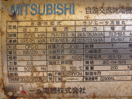 ขาย-เครื่องปั่นไฟ MITSUBISHI: PG-28L เครื่องยนต์ดีเซล 4 สูบ 26.5 KVA ไฟ 110V/220V มือสองเก่าญี่ปุ่น ขาย-เครื่องปั่นไฟ MITSUBISHI: PG-28L เครื่องยนต์ดีเซล 4 สูบ 26.5 KVA ไฟ 110V/220V มือสองเก่าญี่ปุ่น