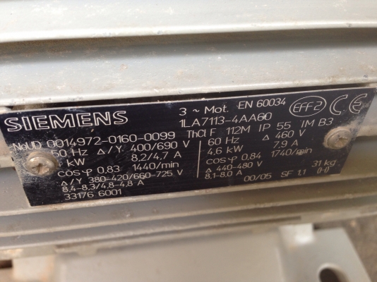 ขายมอเตอร์ Siemens 5.5HP. 1450rpm. 380V ของใหม่เก่าเก็บไม่เคยใช้งาน ถอดออกจากพัดลมระบายอากาศครับ