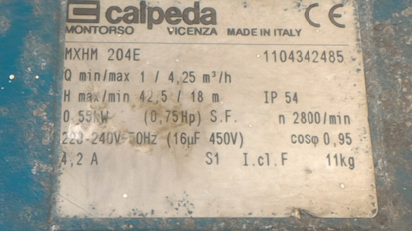 ปั๊มน้ำ caipeda จากอิตาลี ขนาด 1 แรงม้า ท่อ 1 นิ้ว แบบดันขึ้นได้สูงถึง 42.5 ม.ตัวเรื่อนปั๊มเป็นสแตนเลส
