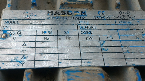 มอเตอร์ HASCON ของเยรมัน ขนาด 10 แรงม้า ชนิดความเร็ว 2900 รอบ/นาที เหมาะเอาไปขับเลื่อยวงเดือน, พัดลมใหญ่, ชุดดูด - เป่าลม