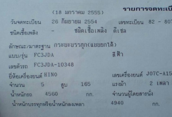 HINO FC3J 170 HP JO7C หกล้อดั๊มพ์ สมอเงิน กระบะดั๊มพ์เหล็ก 5 ตันความยาว 3.60 เมตรสภาพดีพร้อมบรรทุกทำงานหนักได้เลยครับ เครื่องยนต์แรงดีไม่มีเยิ้ม ภายในห้องเก๋งสะอาด แอร์เย็น พวงมาลัยเพาเวอร์ ระบบเบรคทริ๊ปฟี้ครบครัน ช่วงล่างใหญ่แน่นดีคัชซีสวยไม่มีบวม ยาง 8.